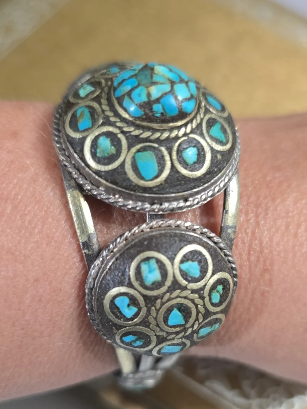 Vintage Tibetan Turquoise Inlay Silver-Tone Statement Cuff Bracelet 6.75